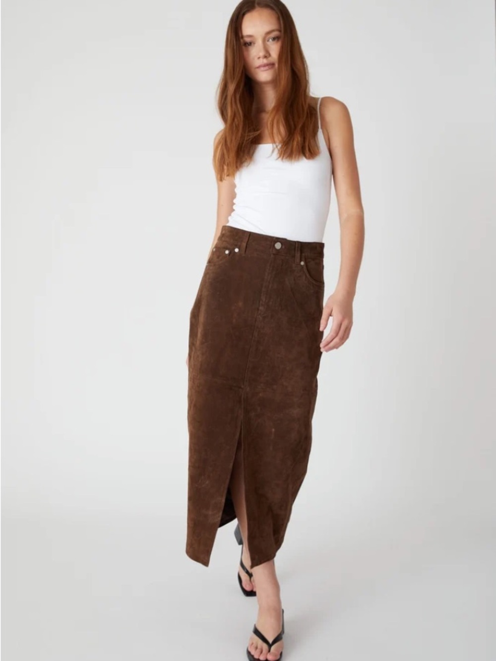 BLANKNYC Brown Suede Maxi Skirt with Front Slit - Size US 28